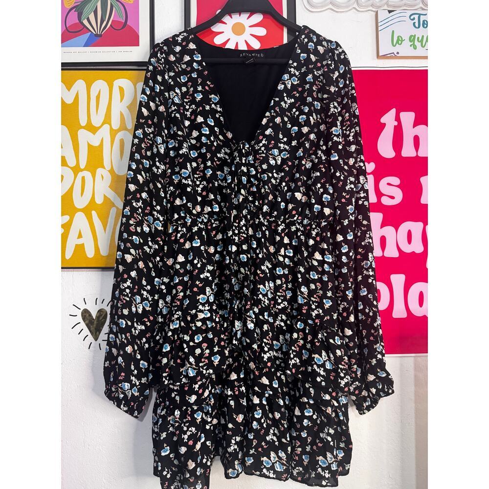 Revamped Women’s Floral Long Sleeve Mini Dress Black | Size M |‎ Ruffle Tiered